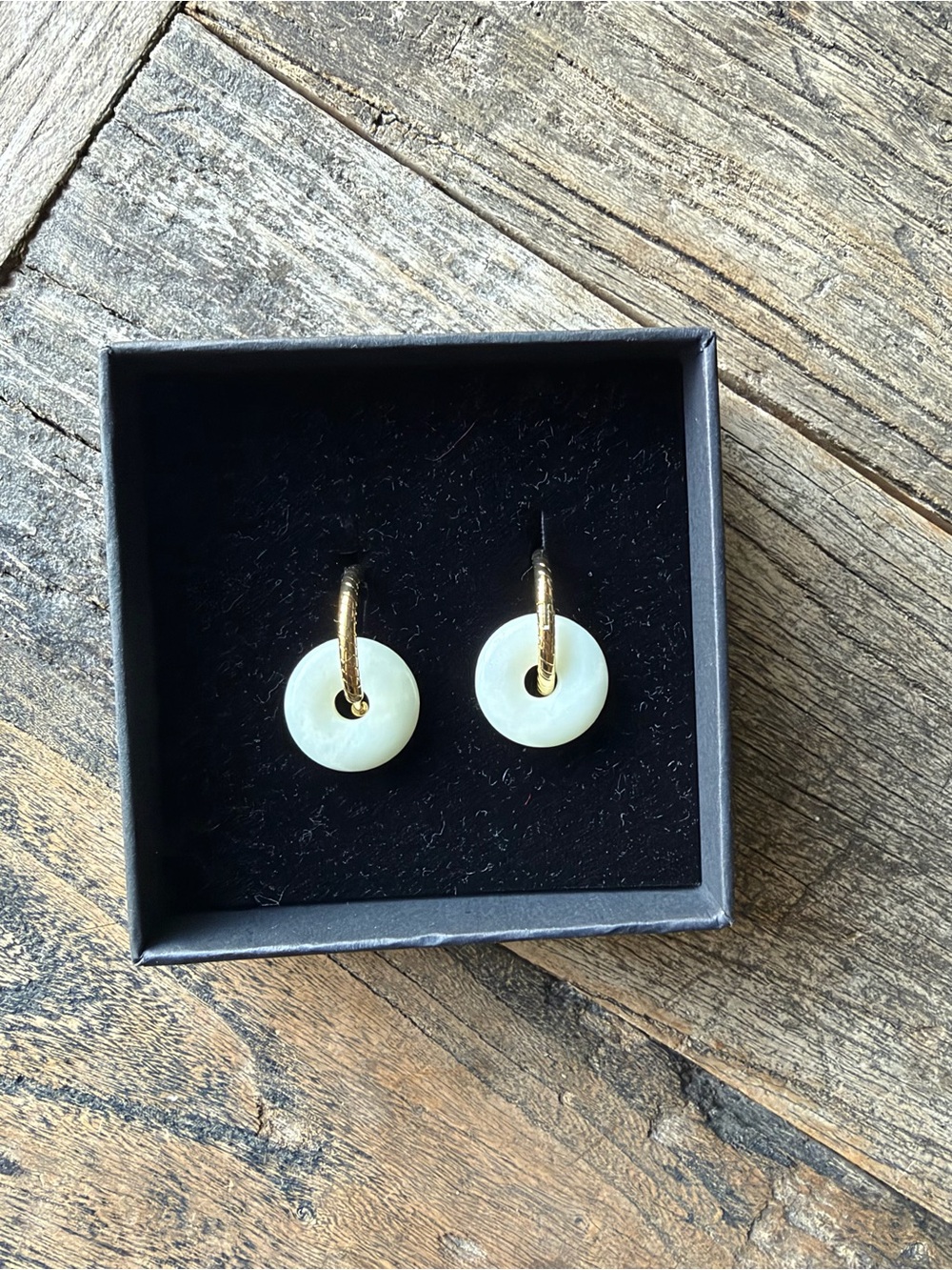 Gold Hoop Earrings with White Stone Discs